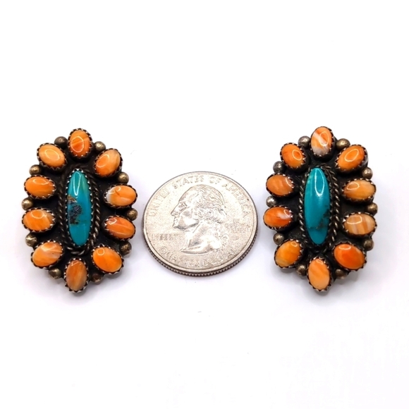 L. Bahe Native American Sterling Silver Turquoise & Spiny Oyster Signed Earrings - Picture 13 of 16